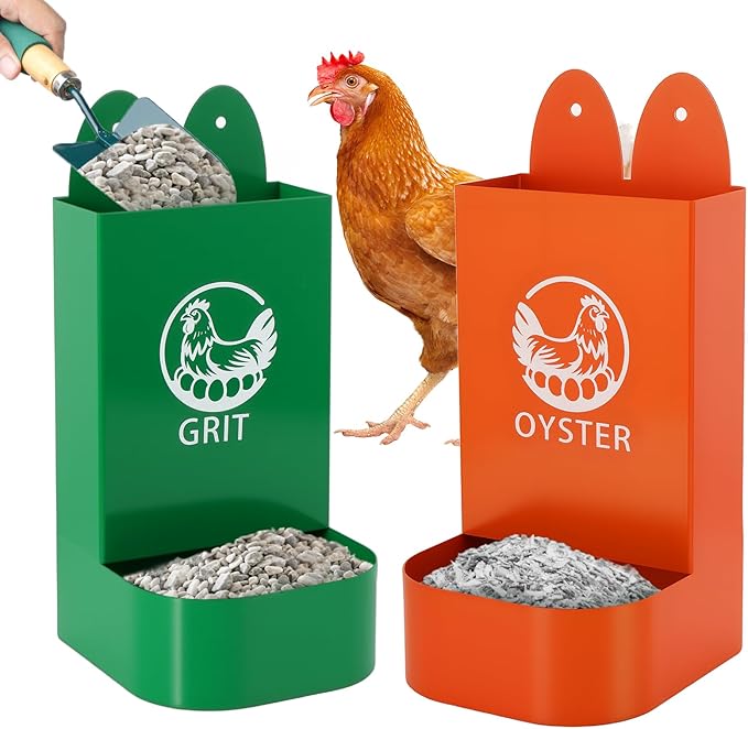 US Patent Pending 2 Pack Chicken Oyster Shell and Grit Feeder for Hens – Heavy-Duty Metal Chicken Feeder with Rounded Edges – Chicken Coop Accessories Improve Eggshell Quality and Hen Health