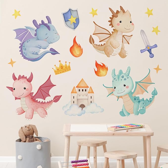 Mfault Baby Dragon Wall Decals Stickers, Cartoon Castle Crown Sword Shield Decoration Nursery Kids Bedroom Art, Fire Stars Cloud Toddler Girls Boys Playroom Living Room Home Decor