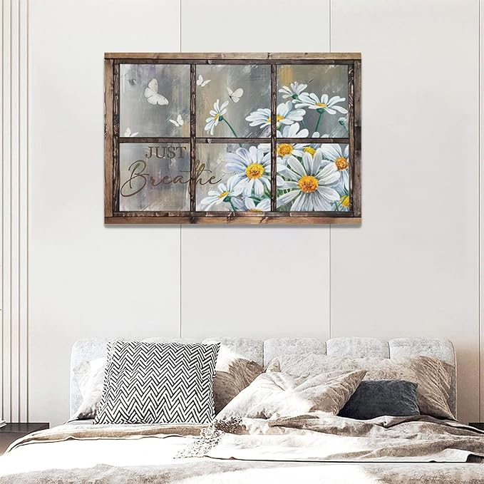 banonaty Daisy Wall Decor Rustic Flower Art Farmhouse Window Daisies Pictures Bathroom Country Butterfly Canvas Prints Just Breath Artwork Home Office Decoration For Kitchen Living Room 24''x16''