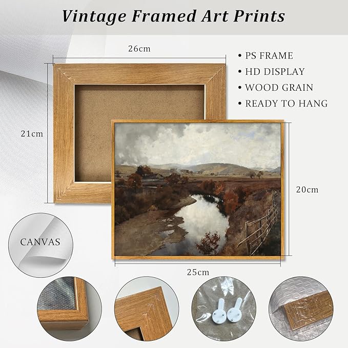 Vintage Wilderness Framed Wall Art River Nature Pictures Country Fence Artwork Nature Landscape Poster Countryside Canvas Wall Art Farmhouse Scenery Picture Rustic Landscape Painting 8x10inch Framed