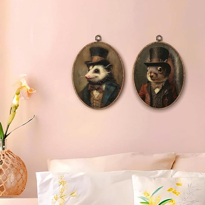 Hxlac Victorian Opossum Squirrel Oval Wall Art Framed Set of 2, Vintage Victorian Style Animal Oval Wall Decor, Autumn Squirrel Hanging Canvas Prints Wall Sculptures for Home Room Decor, 8.5x11.5 Inch