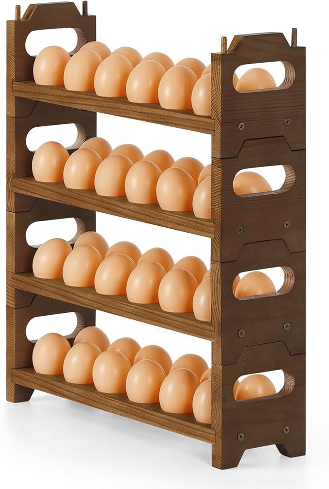 Wooden Egg Holder Countertop Fresh Chicken Egg Holders Storage for Gathering Fresh Eggs, 4-Tier Stackable with 48 Eggs, Farmhouse Home Eggs Rack Organizer Decoration