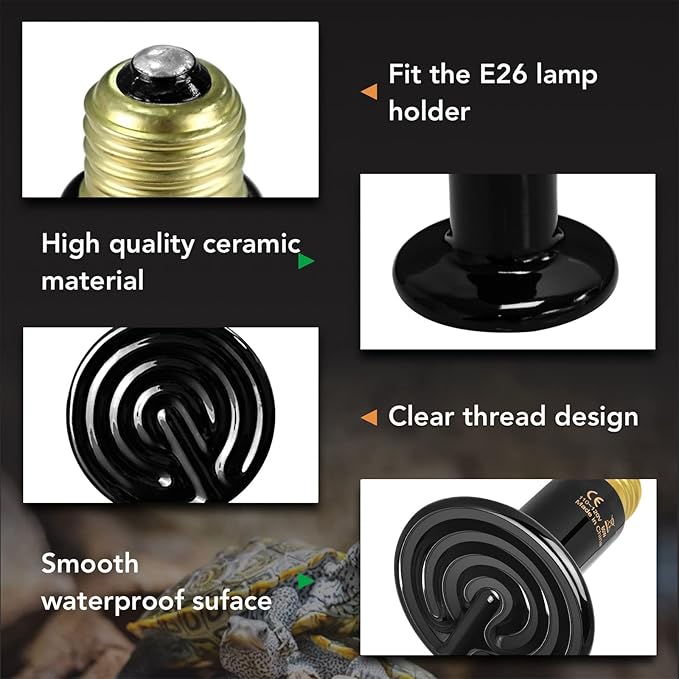 Simple Deluxe 60W Ceramic Heat Emitter Reptile Heat Lamp Bulb No Light Emitting Brooder Coop Heater for Amphibian Pet & Incubating Chicken, Black, 4-Pack