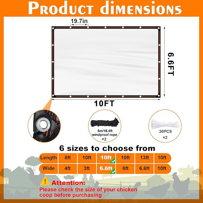 NNG 2 PCS 6.6x10ft Waterproof Chicken Coop Cover for Winter,Anti-Tear Chicken Run Tarp with Rope & Cable Tie,Chicken Coop Insulation Windproof Winterizing Cover for Poultry Cage Patio Covering