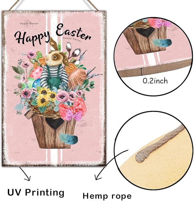Wooden Sign Plaque Happy Easter Flower Basket Bunny Sign French Style Floral Pink Stripes Wood Art Plaques Hello Spring Happy Easter Day Wood Plaque for Bedroom 8x12in