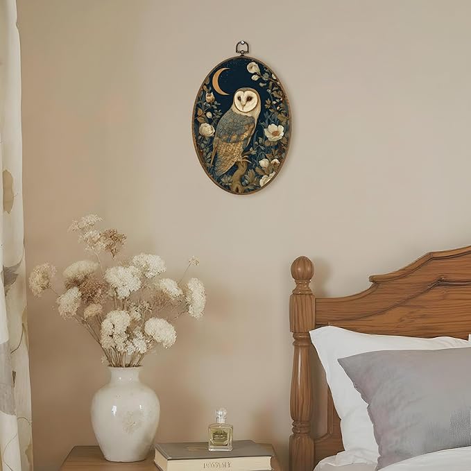 LKETW Vintage Owl Floral Oval Wall Art Decor, Rustic Cottagecore Bird Oval Canvas Hanging Decor, Dark Academia Barn Owl Wildlife Wall Decorations for Home Bedroom Living Room, 8.6x11.4 Inch