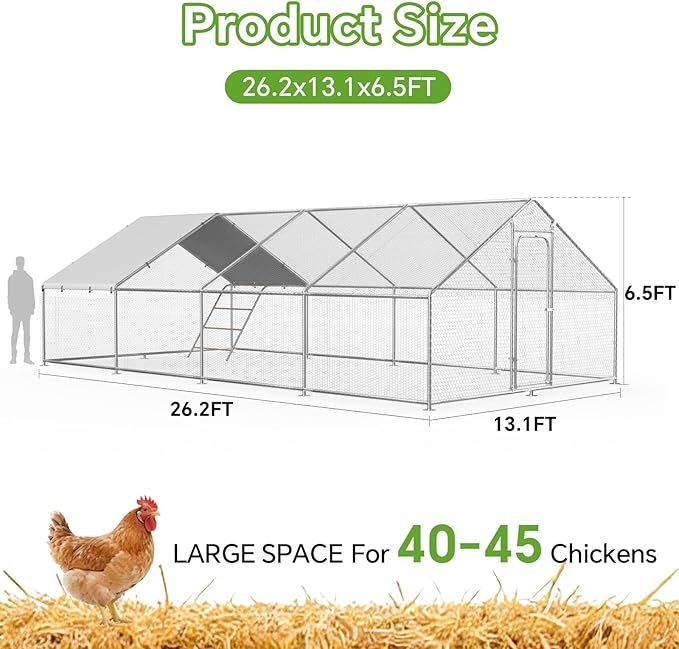 Large Metal Chicken Coop Run with Roosting Perch– Outdoor Waterproof & UV-Resistant Cover for Chickens, Ducks, Rabbits, and Hens in Yard or Farm Use Spire Roof(13.1'Wx26.2'Lx 6.5'H)