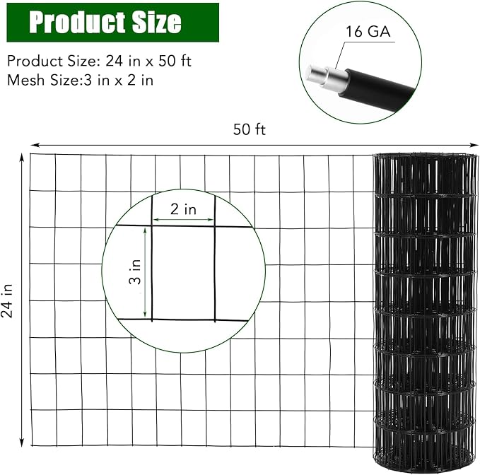 16 Gauge Hardware Cloth 2In x 3In Mesh 24In x 50Ft – Galvanized Welded Wire Mesh Roll | Black Chicken Wire Fence for Poultry, Yard Farm Garden Animal & Plant Protection Fencing