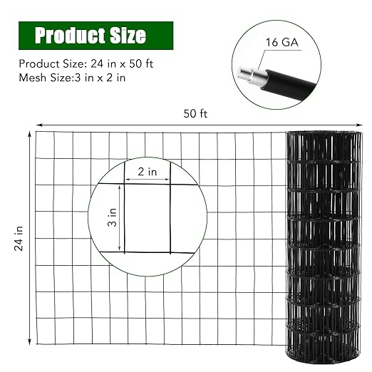 16 Gauge Hardware Cloth 24In x 50Ft – 2In x 3In Galvanized Welded Wire Mesh Roll | Chicken Wire Fence for Poultry, Yard Farm Garden Animal Plant Protection – Black