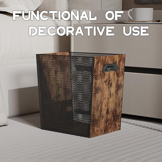 3 Gallon Wooden Trash Can - Rustic Decorative Waste Paper Basket - Garbage Bin for Bedroom, Bathroom, Office, Living Room