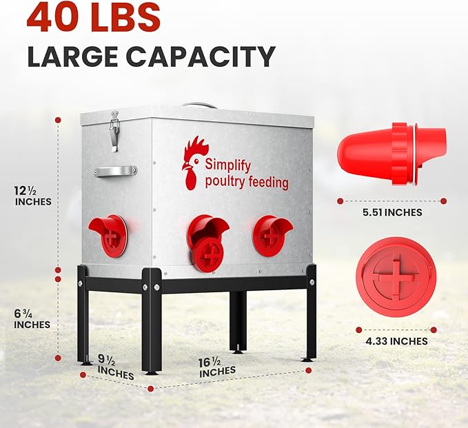 40 lb Large Automatic Chicken Feeder with 6 No-Waste Ports – Outdoor Metal Chicken Feeders with Adjustable Stand, Rodent-Resistant Design & Riveted Handles for Chickens, Ducks & Poultry