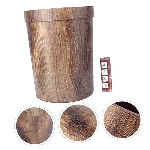 VICASKY Retro Trash Can Ornament Container Metal Storage Baskets Lip Gloss Containers Small Trash Can Rubbish Bin Wood Grain Wastebasket Garbage Bin Living Room Garbage Brown