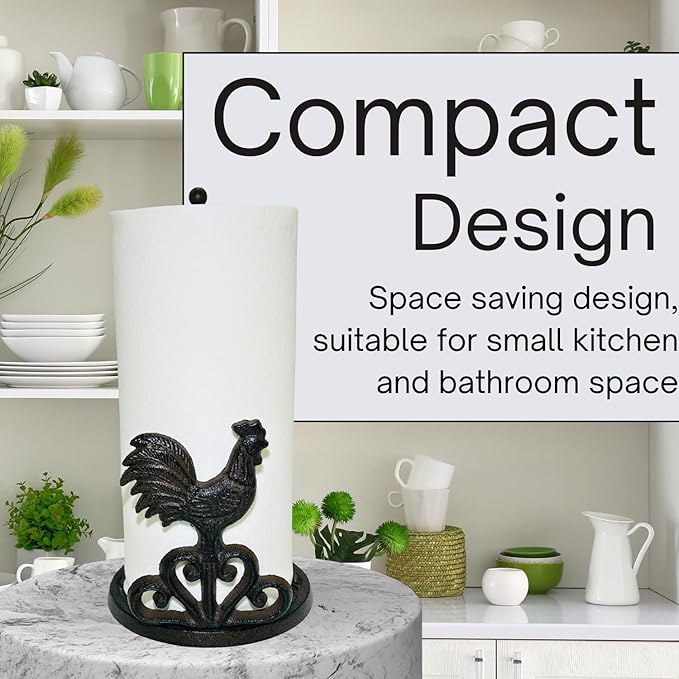 Rustic Elegance Cast Iron Rooster Paper Towel Holder - Freestanding 12" Kitchen Countertop Accessory with Farmhouse Charm - Black Country Style Decor