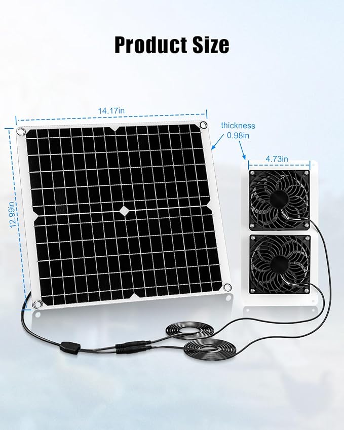 30W Dual Solar Fan Kit for Outside Greenhouse Shed Chicken Coop, IPX7 Waterproof Solar Panel Fan kit with 9.8 FT Power Cord, PV Powerd Cooling Fan for Pet House