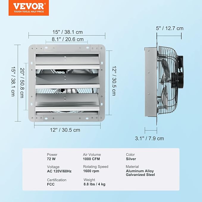 VEVOR 12'' Shutter Exhaust Fan, High-speed 1000 CFM, Aluminum Wall Mount Attic Fan with AC-motor, Ventilation and Cooling for Greenhouses, Garages, Sheds, Shops, FCC