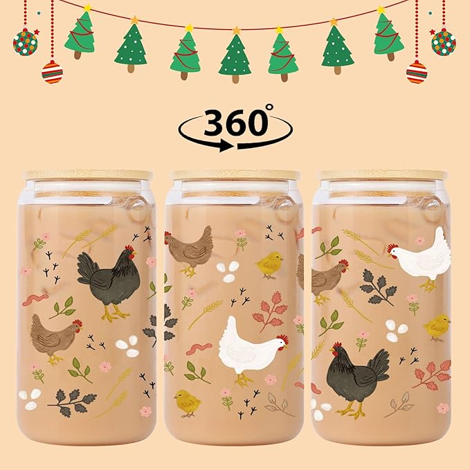 16 oz Cottagecore Glass Cup w/Lid & Straw, Funny Chicken Gifts for Chicken Lovers, Women, Men, Owners, Mom, Her, Farmer, Crazy Chicken Lady Gifts, Cute Mothers Day, Farmhouse, Rooster Decor