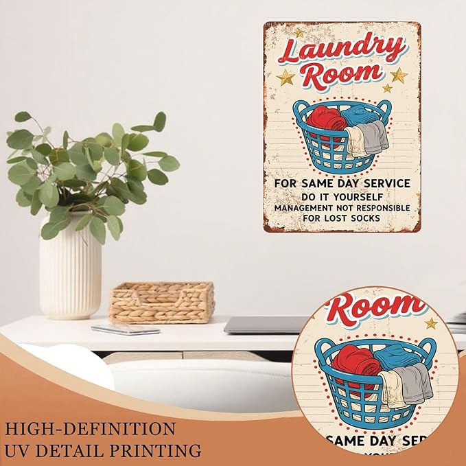 Vintage Laundry Room Metal Tin Sign Retro Styled Wall Art for Bathroom Decor and Utility Room Wall Display 12X16Inch