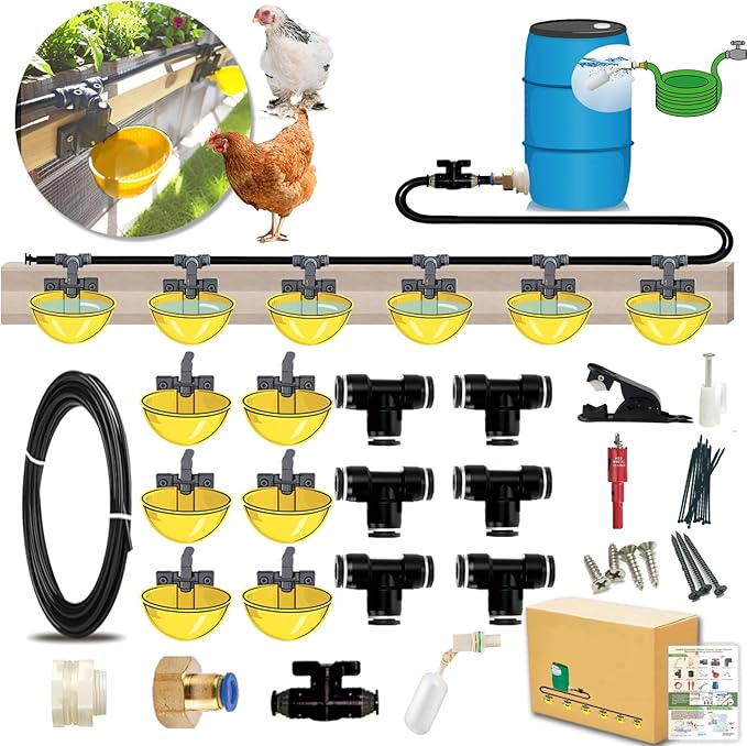 Complete Set Pipeline Automatic Chicken Waterer System, Innovative Quick-Connect Water System with Large Size Water Cups Removable and Washable, 18ft Pipeline and Float Valve (Yellow, 6Cup)