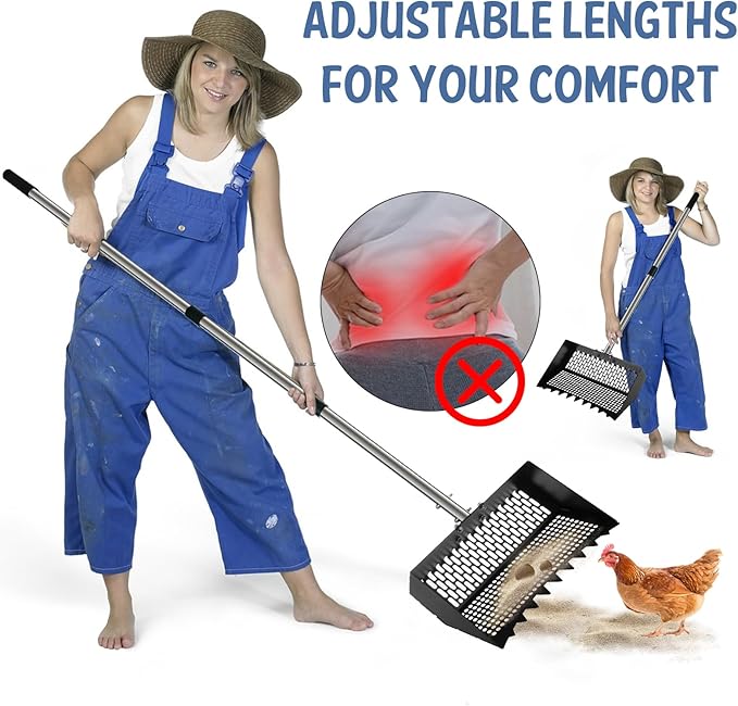 Chicken Poop Scooper and Rake, Zoned Metal Chicken Coop Scoop for Sand, 22 to 62" Adjustable Handle, Litter Sifting Shovel Cleaning Tools for Chicken Run, Animal Farm, Duck Coop
