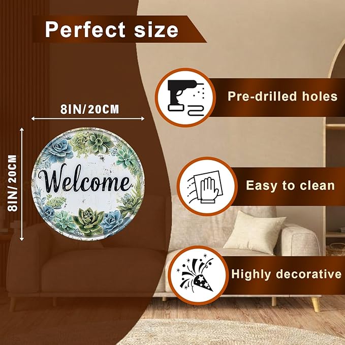 Round Welcome Wreath Aluminum Tin Sign Vintage Style Hanging Door Decor for Front Door Porch Entryway Outdoor Wall Art Decor 8x8inch