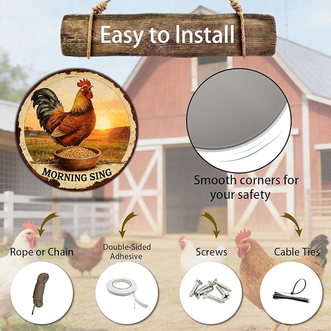 Chicken Signs Rooster Kitchen Round Wall Decor Morning Sing Metal Tin Sign Funny Chicken Coop Accessories Rooster Decor Home Garden Farm Yard Office 8 Inch