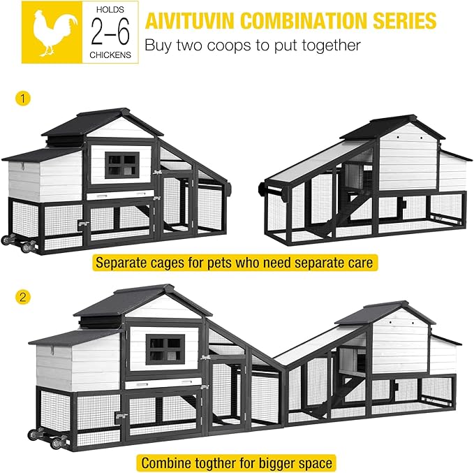 Aivituvin Mobile Chicken Coop with Wheels for 2-4 Chickens, Backyard Expandable Chicken House Duck Cage with Run, 2 Nesting Boxes, Easy Clean Pull-Out Tray, Leak-Resistant Asphalt Roof, 72.3"(Black)