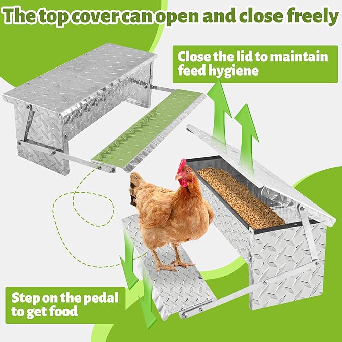Treadle Chicken Feeder Automatic Large Poultry Feeders Capacity Treadle Self Opening Pou with Weatherproof Lid Rain Cover for Roosters Pheasant Chicken Outdoor Coop Silver Full Aluminum(18lbs/5000g)