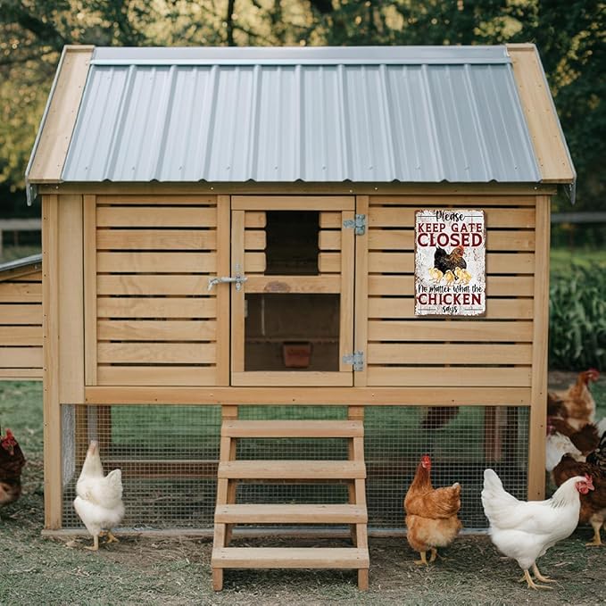 Funny Chicken Gate Sign, Please Keep Gate Closed No Matter What the Chicken Says, Metal Farm Sign, Chickens Coop Decor, Rustic Outdoor Hen House Signs, Gift For Chickens Lover, 11.8 * 7.9Inch