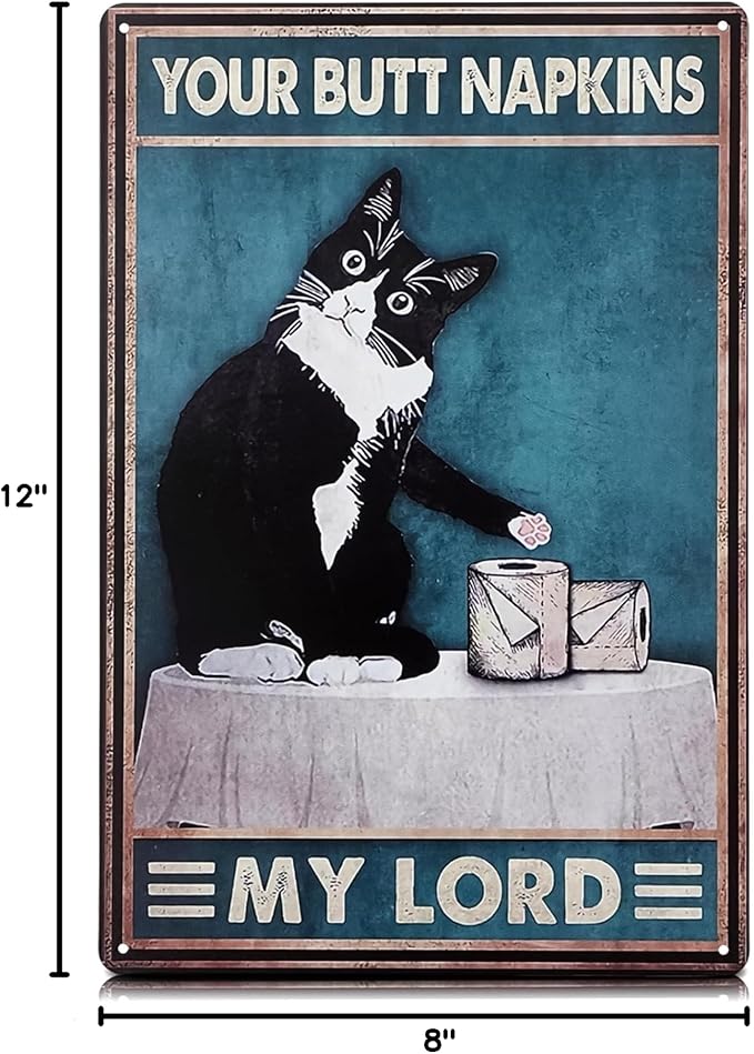 Funny Cat Bathroom Sign – “Your Napkin My Lord” 12 x 8 inch Tin Sign, Rustic Black Cat Wall Decor for Home, Farmhouse Bathroom Metal Plaque, Vintage Cat Wall Art for Toilet or Guest Bath