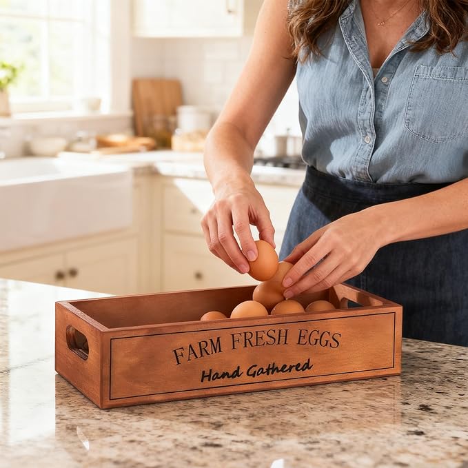 2 PCS Wooden Egg Holders, Farm Fresh Egg Baskets, Open Design with Handle, Holds 12 Eggs per Compartment, Ideal for Kitchen Countertop, Simple and Quality Storage Solution