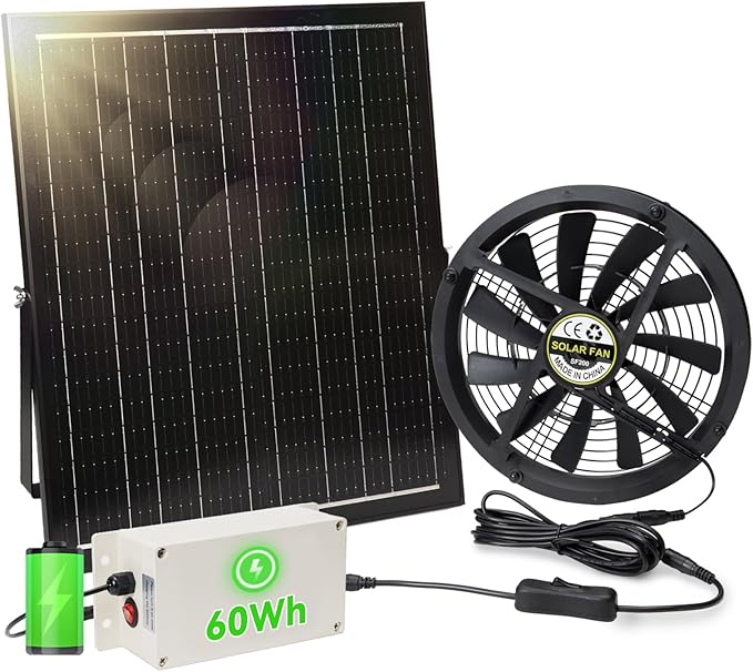 Solar Exhaust Fan with Battery, 40W 10" Solar Powered Fans for Greenhouse with 60Wh Battery Run Day & Night, Solar Vent Fan for Shed Chicken Coop Dog House Outside, Waterproof & Low Noise