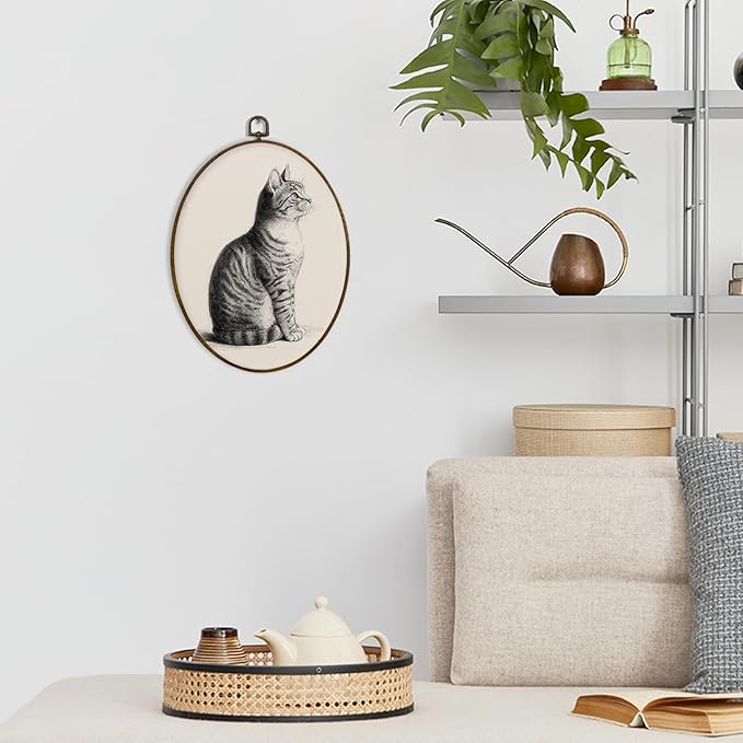 dvhdajed Vintage Cat Oval Wall Art Decor,Cute Cat Prints Framed Canvas Art,Gifts for Kitty Lovers,Neutral Beige Antique Kitty Oval Wall Hanging Decorations for Kitchen Nursery Bedroom, 8.7x11.3 Inch