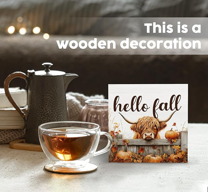 Fall Highland Cow Sign - Fall Farmhouse Highland Cow Decor Decorations Gifts For Home Office,Rustic Farm Hello Autumn Pumpkin Maple Leaf Home Decor Signs