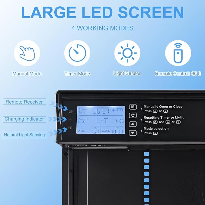 Automatic Chicken Coop Door Opener Solar Powered, Large for Run Chicken | LED Screen, Timer, Light Sensor, Manual & Remote Control, Anti-Pinch, Aluminum Alloy, Abnormally Open Close Auto Alarm