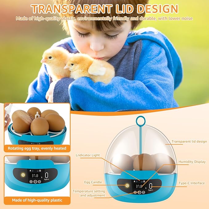 Egg Incubator with 360° Auto Egg Turning and Temperature Control Practical Incubator Smart Egg Incubator for Hatching 6 Eggs Chicken Incubator with LED Egg Light for Hatching Chicks Quails Ducks
