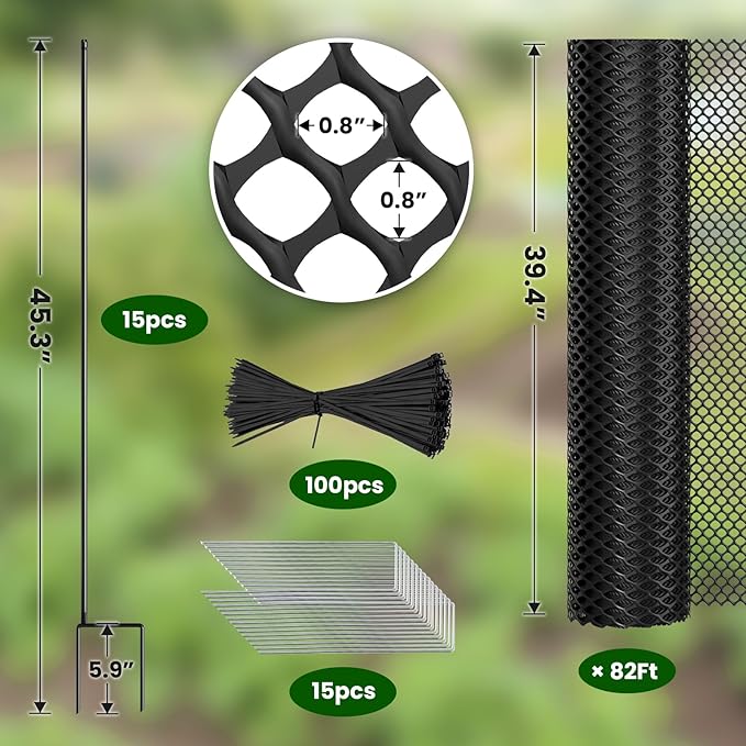 DoCred Plastic Fence with Stakes, 39.4in x 82ft Portable Poultry Fencing Net Mesh for Chickens & Dog, Temporary Gardening Fence Pet Barrier for Backyards, Vegetable Gardens, Lawn & Outdoor Decoration
