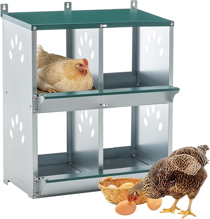3/4 Compartment Chicken Nesting Boxes, Metal Wall Mount Chicken Egg Laying Box with Roll Out Egg Collection, Galvanized Steel Chicken Nesting Box for Laying Hens, Easy to Clean & Assemble (4-Hole)