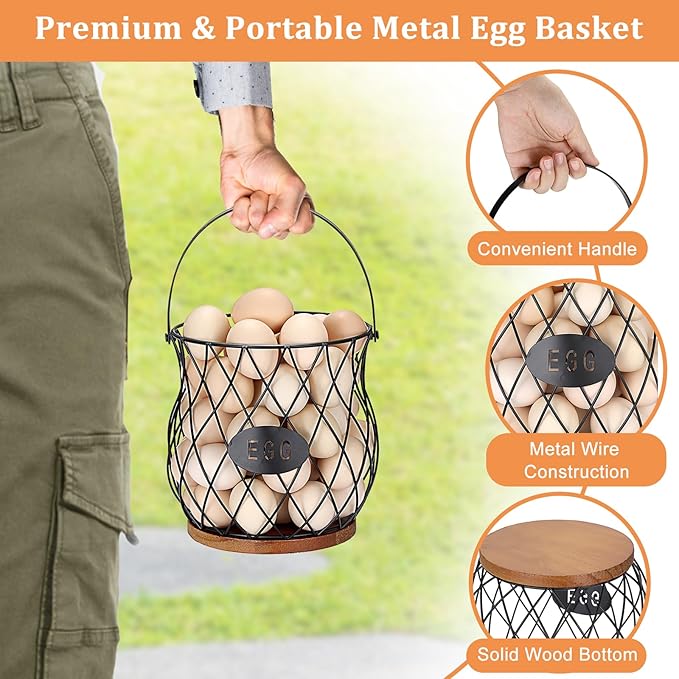 Chicken Egg Basket With Handle, Egg Baskets for Gathering Fresh Eggs, Wire Basket with Wooden Base for Farmhouse Coops, Round Chicken Baskets, Rustic Vintage Kitchen Decor Holder(Style 3)