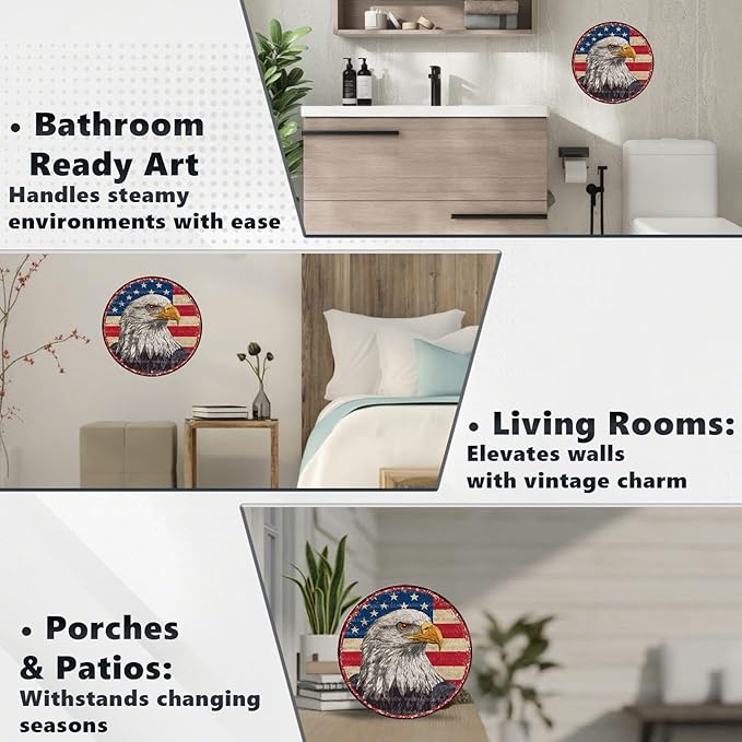 Vintage Bald Eagle Round Metal Sign Retro American flag Tin Sign Nostalgic Patriotism Wall Decor Decorations for Home Bedroom Living Room Cafe Bar Kitchen Yard Fence Door Outside 8 * 8 In