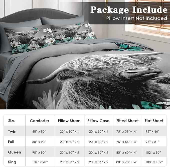 Comforter Set King Size, Highland Cow Bull Animal 7 Pcs Bedding for Kids and Adults, Flower Daisy Farm Bed Sheet Sets with Fitted Sheet 2 Pillowcases & 2 Shams for Bedroom Bed Decor