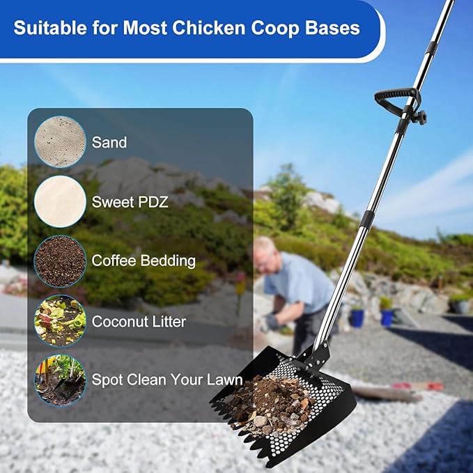 Large 12-Inch 2-in-1 Chicken Poop Scooper & Rake with Handle, Heavy-Duty Metal Chicken Coop Scoop for Sand(35-68"), Chicken Coop Rake Cleaning Tools, Sifting Shovel Goat, Chicken Cleaning Tools