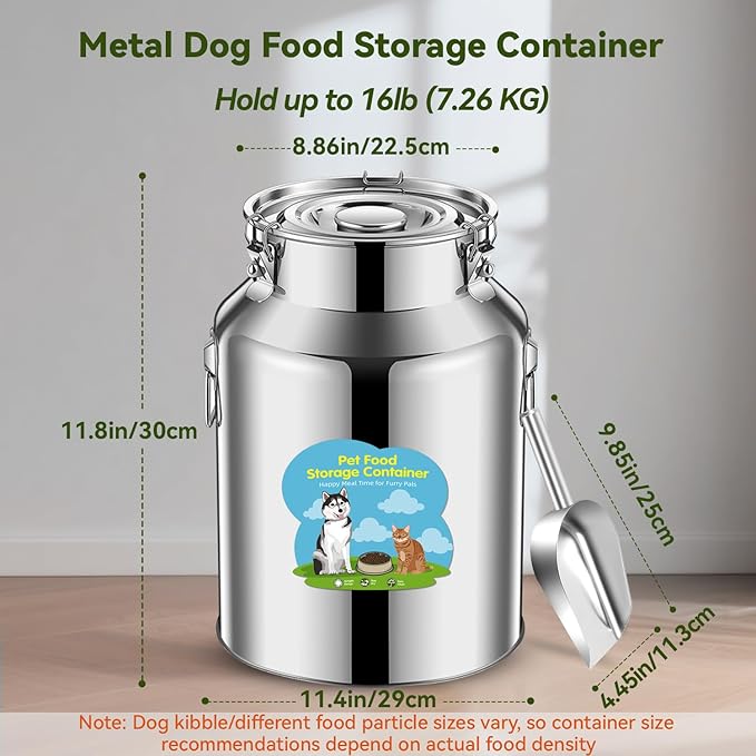 Newget 16lb Stainless Steel Dog Food Storage Container, Metal Pet Storage Container with Airtight Hangable Lid to Keep Food Fresh, Large Cat Food Storage Container with Scoop to Easily Clean