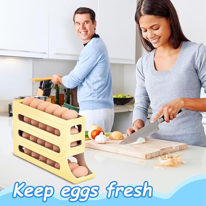 Egg Holder for Fridge, 4 Tiers Dispenser, 30 Egg Container Refrigerator, Large Capacity Organizer Automatic Fridge Rolling Egg Container for Pantry Countertop (Beige)