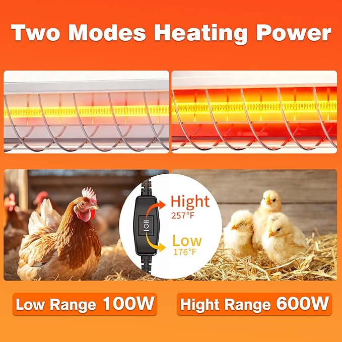 600W Heat Lamp for Chickens, Large Chicken Coop Heater, Adjustable Temp and Height, No Assembly Brooder Heater for Chicks Pets Livestock, 1 Pack