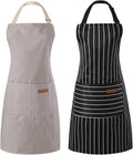 Tosewever 2 Pieces Kitchen Cooking Aprons, Cotton Polyester Blend Adjustable Bib Aprons with 2 Pockets for Women Men Chef Chef (Black/Brown Stripes, 2)