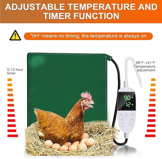 Chicken Heating Pad Chick Brooder Pad Poultry Heated Mat Adjustable Digital Thermostat Brood Heater Blanket with Timer Anti Bite Warmer Bed for Small Animal Pet 11.7 x 15.7 in Green