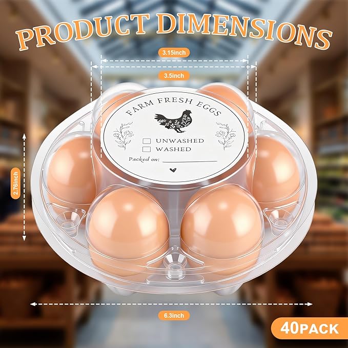 Zhehao 40 Pack Round 6 Count Plastic Egg Cartons Bulk with Date Stickers Half Dozen Egg Cartons Clear Reusable Holders for Fresh Eggs Storage for Farms Family, Markets Display