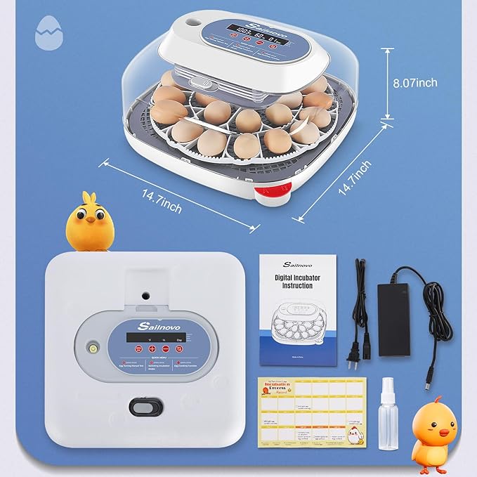 Sailnovo 24 Egg Incubators for Hatching Eggs, 4 Modes Egg Incubator with Automatic Egg Turning and Humidity Display, Egg Candler - 360° View with Clear Window Incubators for Hatching Chicks, Blue