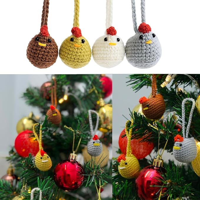 Handmade Crochet Chicken Keychain Set of 4 – Chicken Christmas Ornaments, Funny Stuffed Animal Bag Charm, Car Mirror Ornament, Cute Farmhouse Decor, Gift for Chicken Lovers, Valentine Gifts