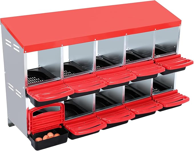 Chicken Nesting Box, 2-Tier Chicken Laying Boxes for Hens, 10 Compartments Chicken Laying Box, 10 Room Metal Nesting Boxes for Chicken, Roll Away Nest Box with Lid Cover to Protect Eggs, 10 Hole, Red